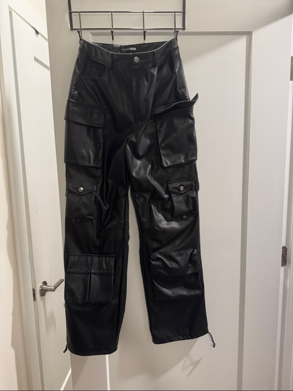 Fashion Nova Black Faux Leather Cargo Joggers